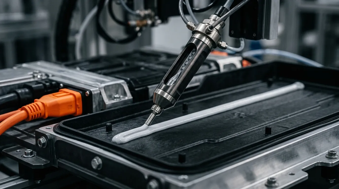 A metal dispensing nozzle laying an even bead of pale gray two-component gap filler across a battery module tray floor