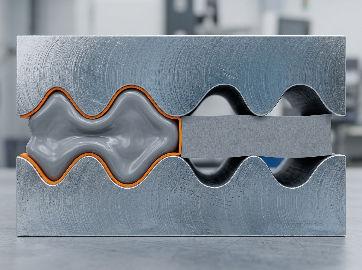 Cross-section of a gap filler conforming to an uneven gap between two surfaces, versus a stiff pad bridging the same gap with voids