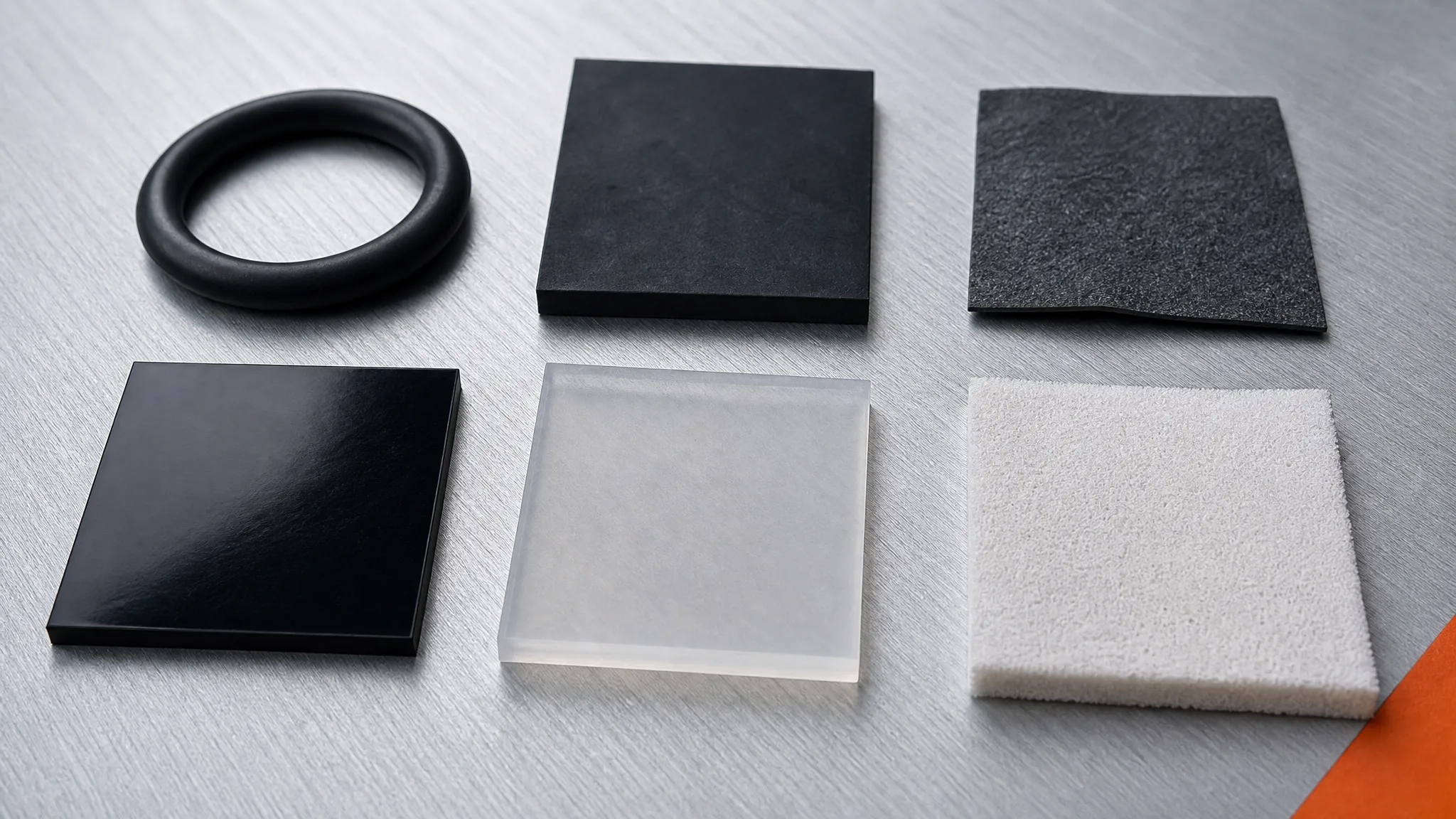 Six elastomer gasket material samples laid out in a grid on brushed aluminium, from black dense rubber to a white porous silicone foam pad