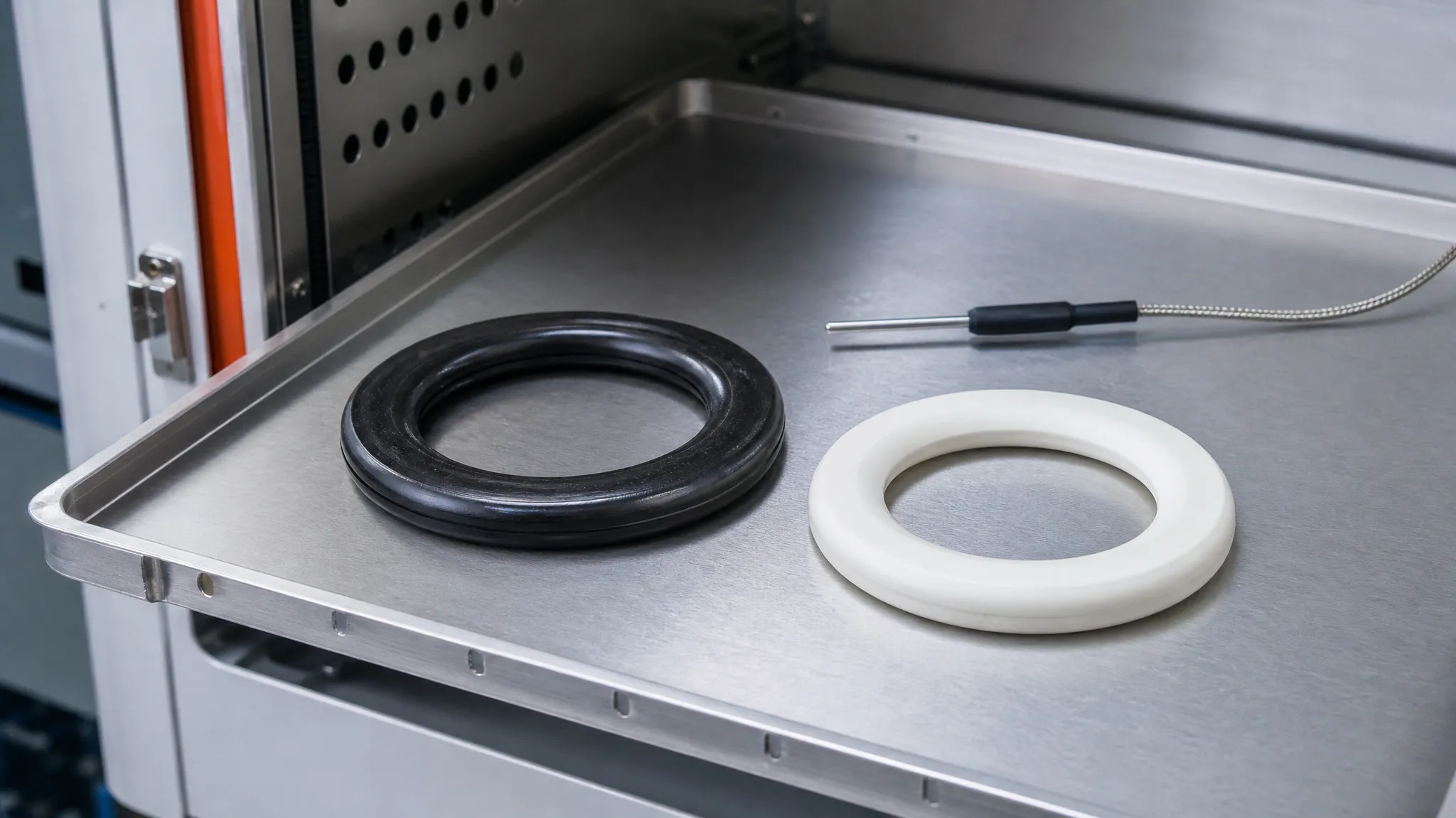 Two elastomer gasket rings on a stainless steel tray inside an open thermal test chamber, with a digital temperature probe