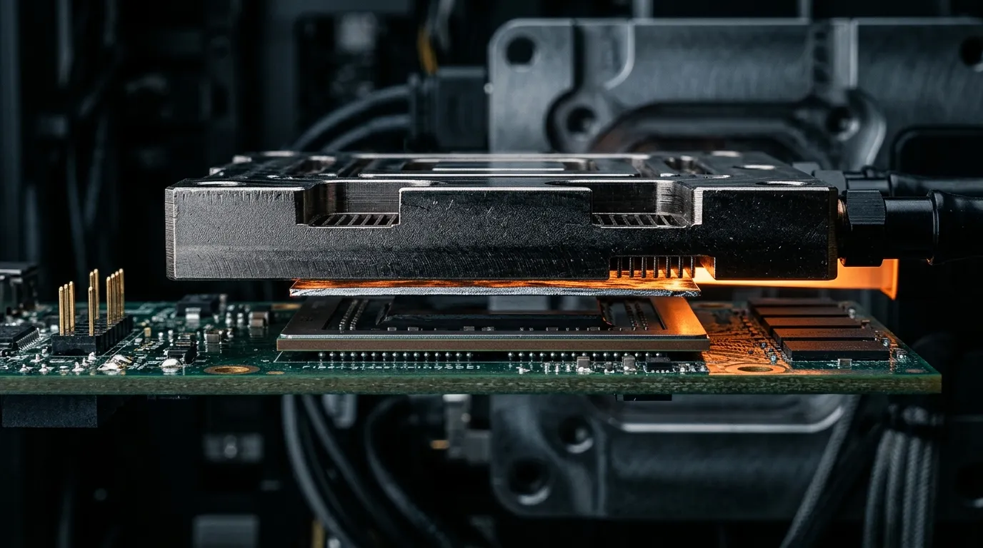 Side view of a chip package with a nickel-plated cold plate above it and a thin metallic interface layer between them