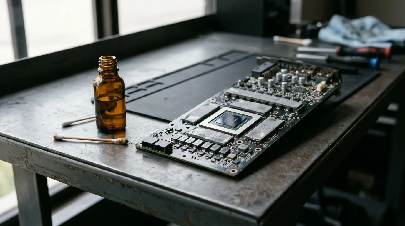 Open graphics card with its heatsink removed, grey thermal pads on the memory chips and cleaning swabs on the bench