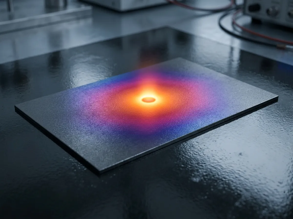 Heat spreads fast along a graphite sheet plane but barely through its thickness, shown as a warm glow diffusing across a thin dark graphite layer