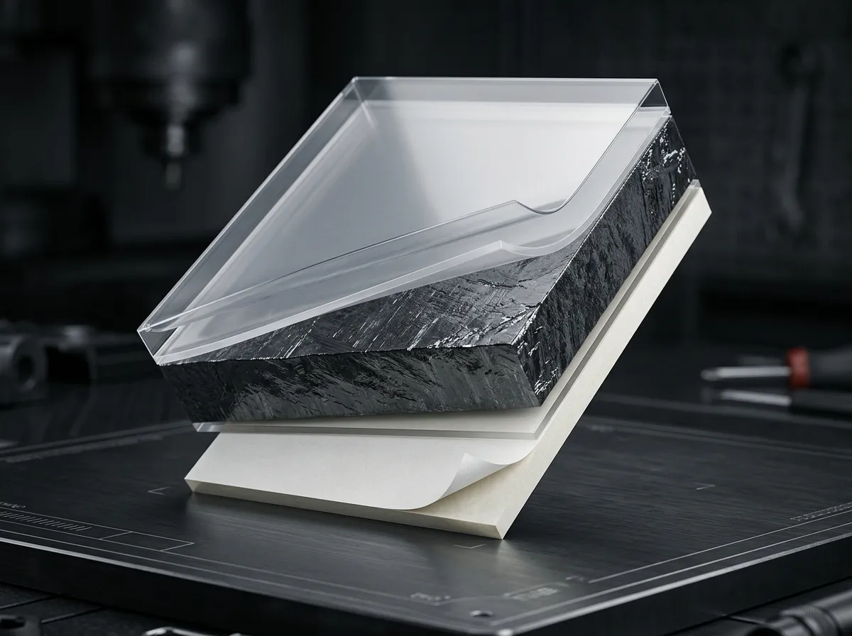 Cutaway render of a graphite sheet laminate: dark graphite core between thin adhesive layers, transparent carrier film above and release liner below