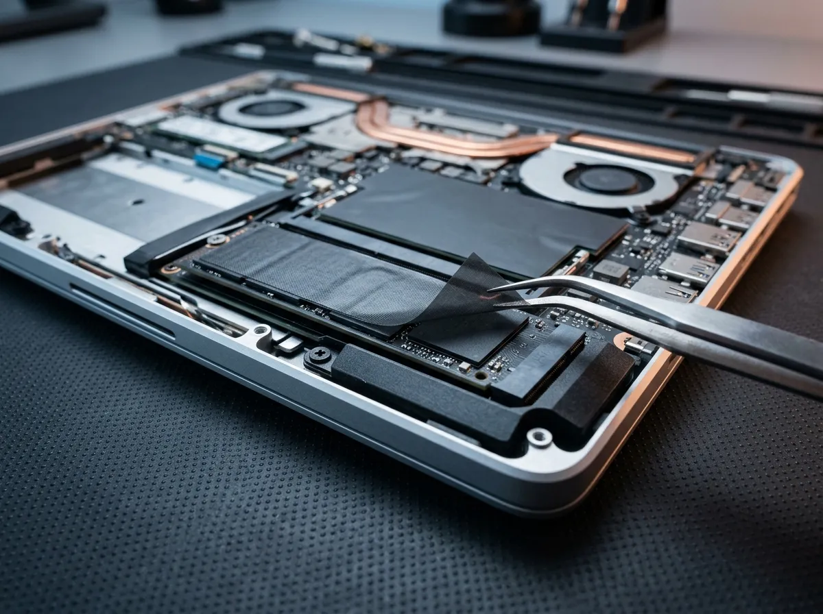 Graphite heat spreader sheet applied over the controller and NAND chips of a slim M.2 SSD, corner lifted to show the thin laminate