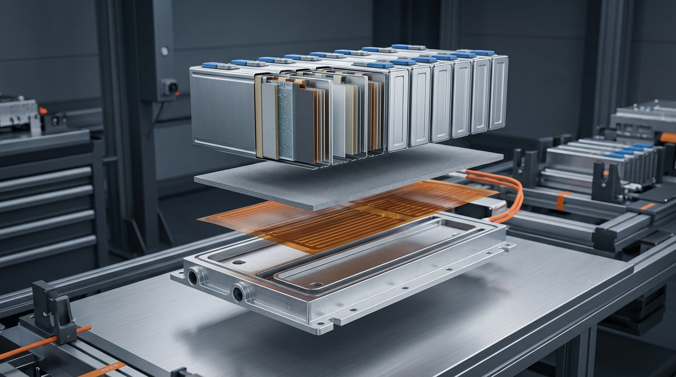Cross-section stack-up of a battery module showing cells, thermal interface pad, flexible heating film and aluminum base plate