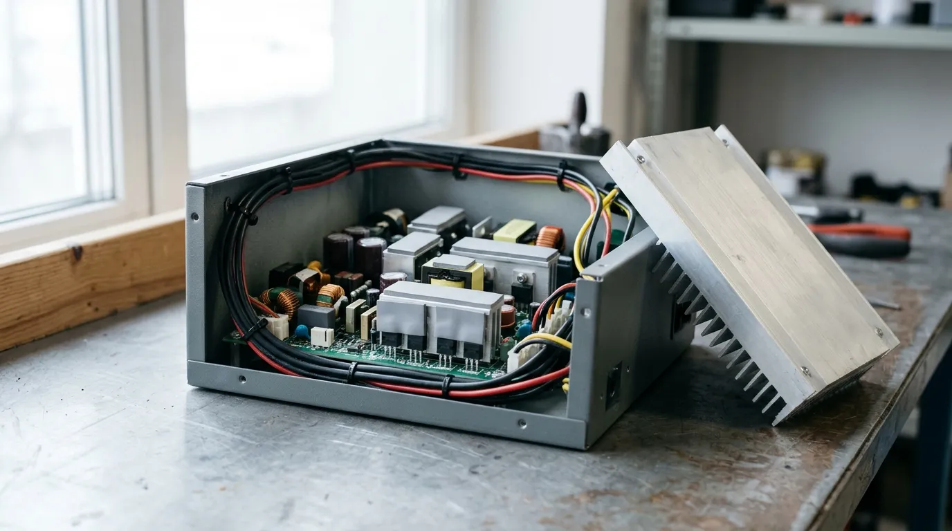 Open industrial power supply with its heatsink lifted aside, exposing the power stage inside the chassis
