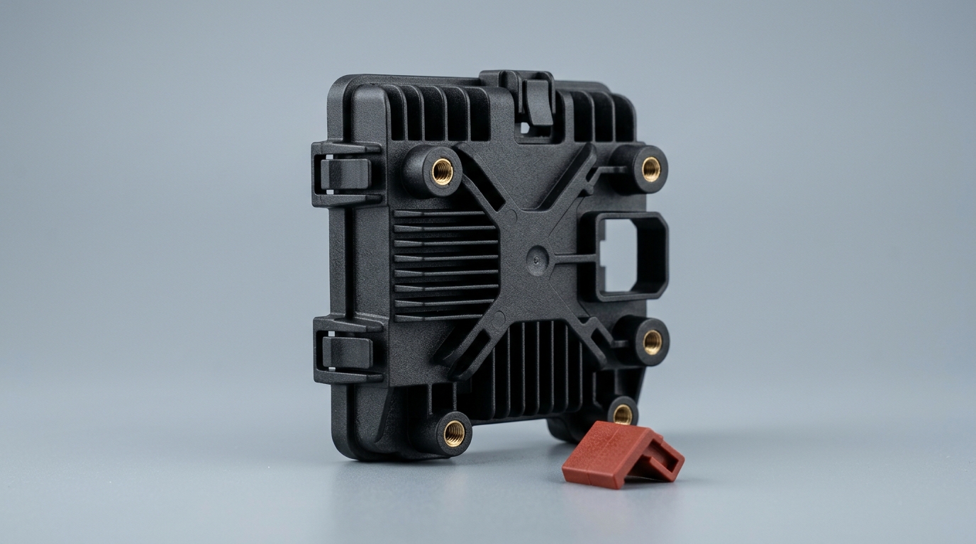 One molded thermally conductive plastic part combining cooling fins, snap-fit clips, threaded inserts and a connector cut-out