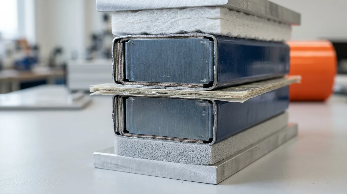 Cutaway stack-up of two prismatic cells separated by a mica barrier sheet with a silicone foam compression pad and a ceramic fiber layer above the module