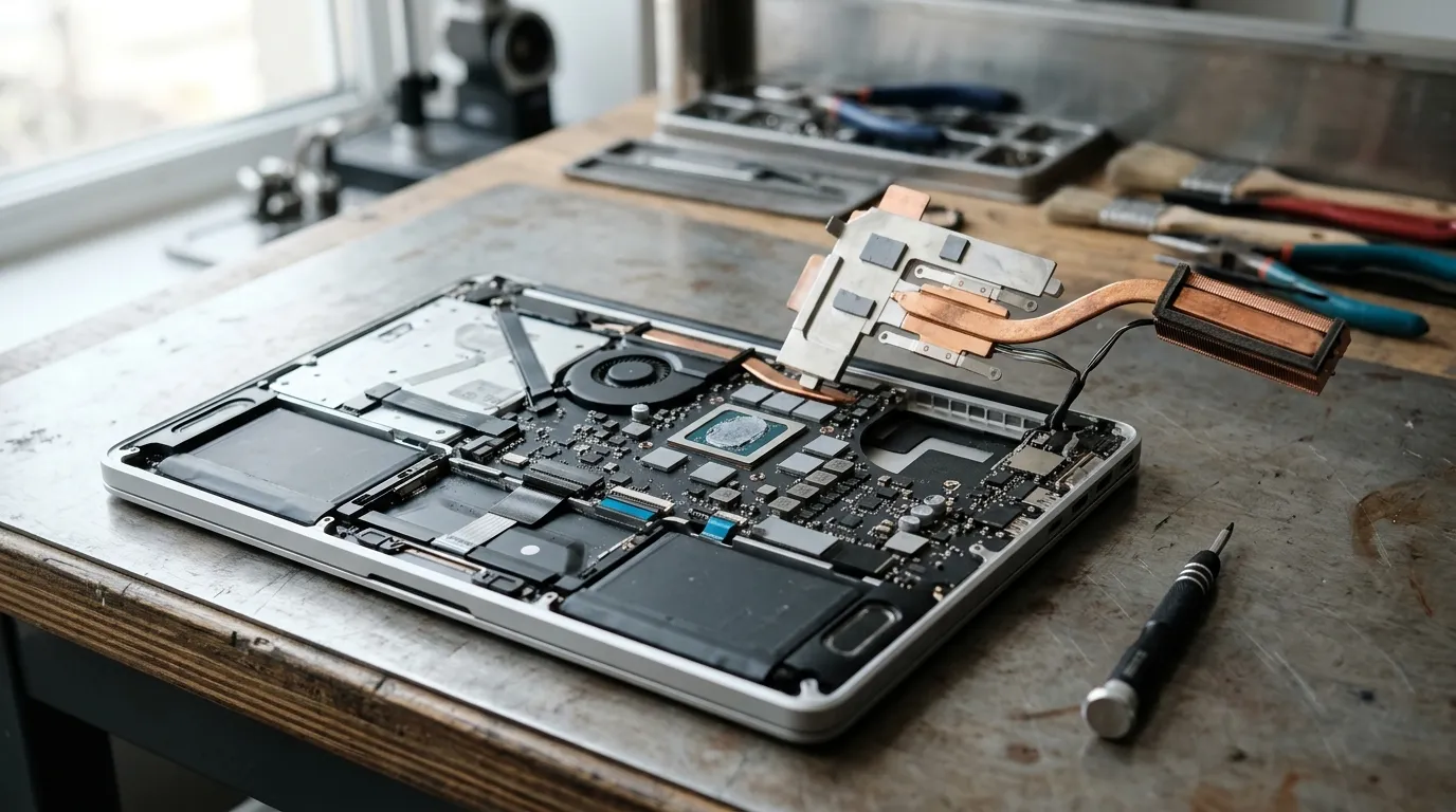 Opened laptop with the heat pipe lifted aside, thermal pads and paste exposed on the processor and voltage regulators