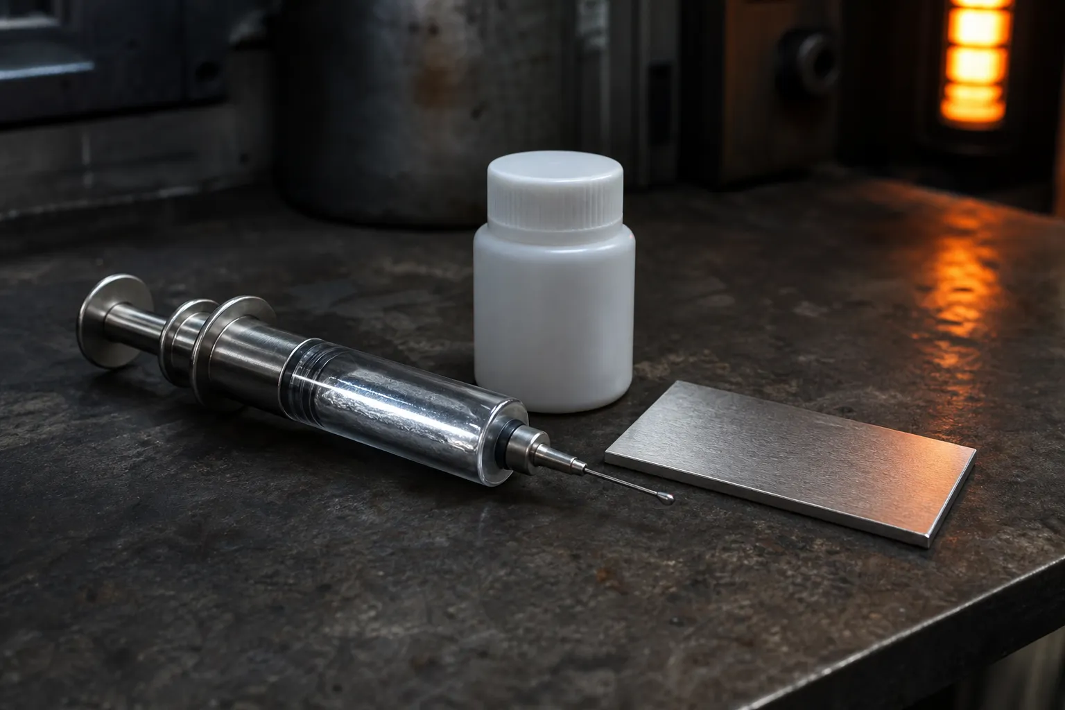Macro photo of a metal dispensing syringe loaded with silvery liquid metal beside an opaque polymer bottle and a silver-toned metal coupon on a dark bench