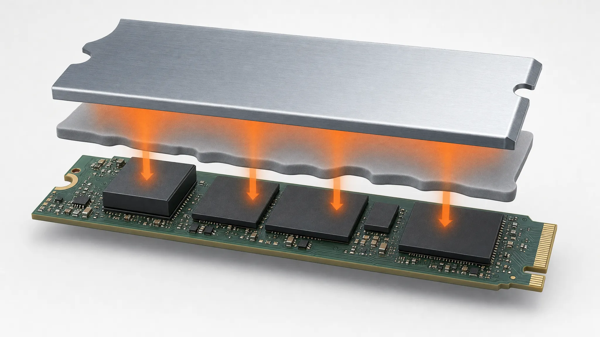 Photorealistic exploded stack view of an M.2 SSD board showing a tall controller chip, lower NAND and DRAM packages, a grey thermal pad conforming over them and a heatsink shield above