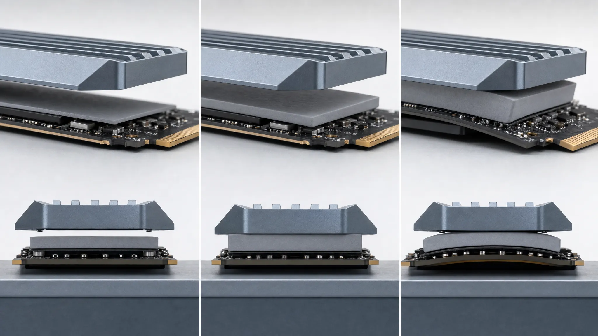 Three-panel comparison of an M.2 thermal pad: too thin leaving a gap under the shield, correct with full contact, and too thick bowing the board