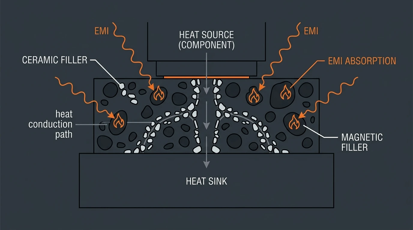 Cross-section of a thermal conductive EMI absorbing pad: ceramic and soft-magnetic fillers in a silicone matrix, with labeled heat path and absorption mechanism