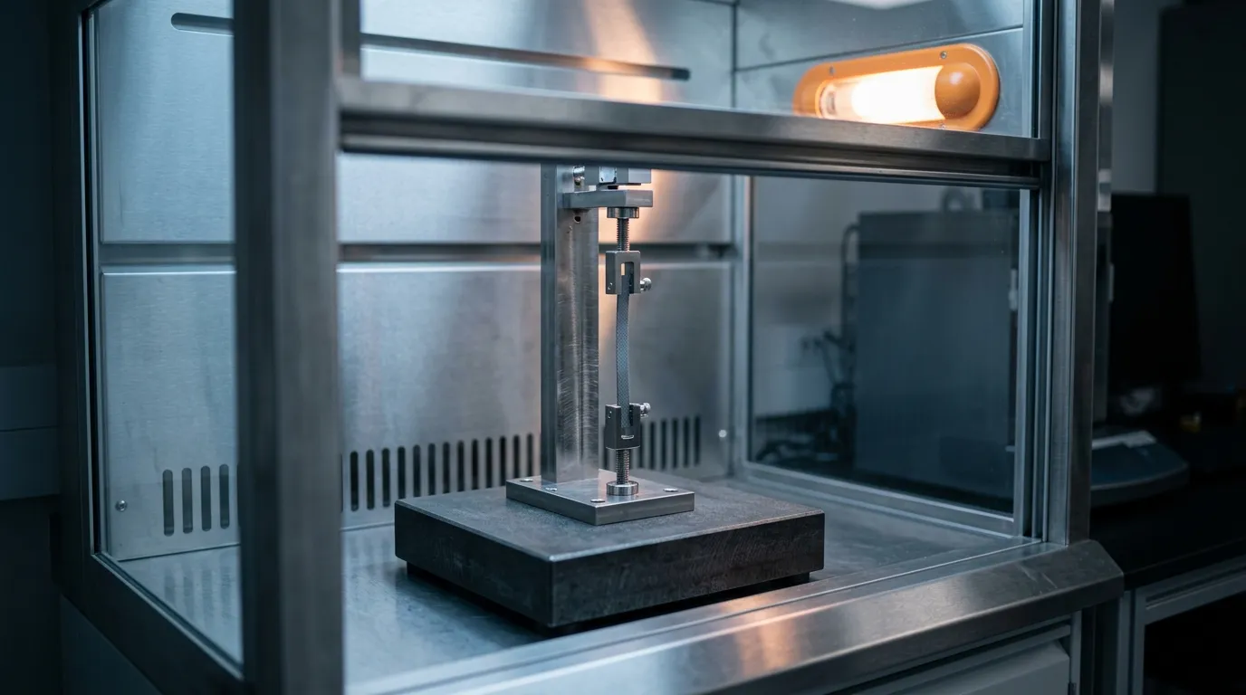 A thin material specimen held in a clamp inside a laboratory fume hood for a small-scale material test