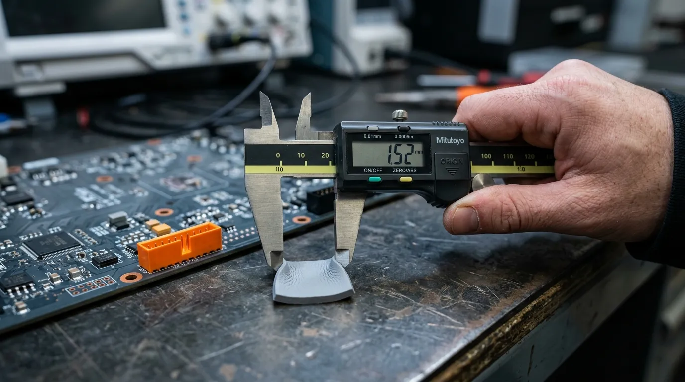 Digital caliper measuring the thickness of a soft gray thermal pad removed from a GPU