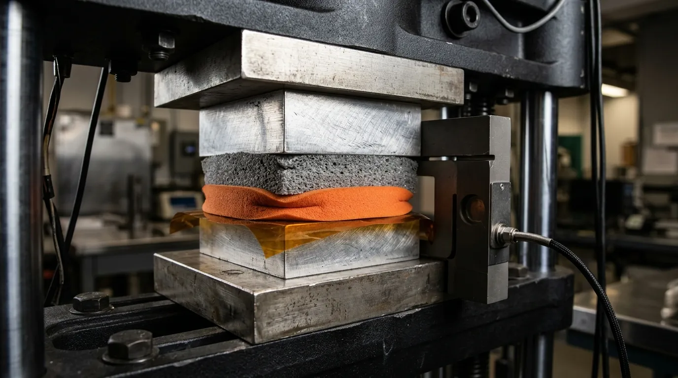 A compression load test fixture pressing an aluminum platen onto a layered stack of gray filler, orange foam gasket and amber film