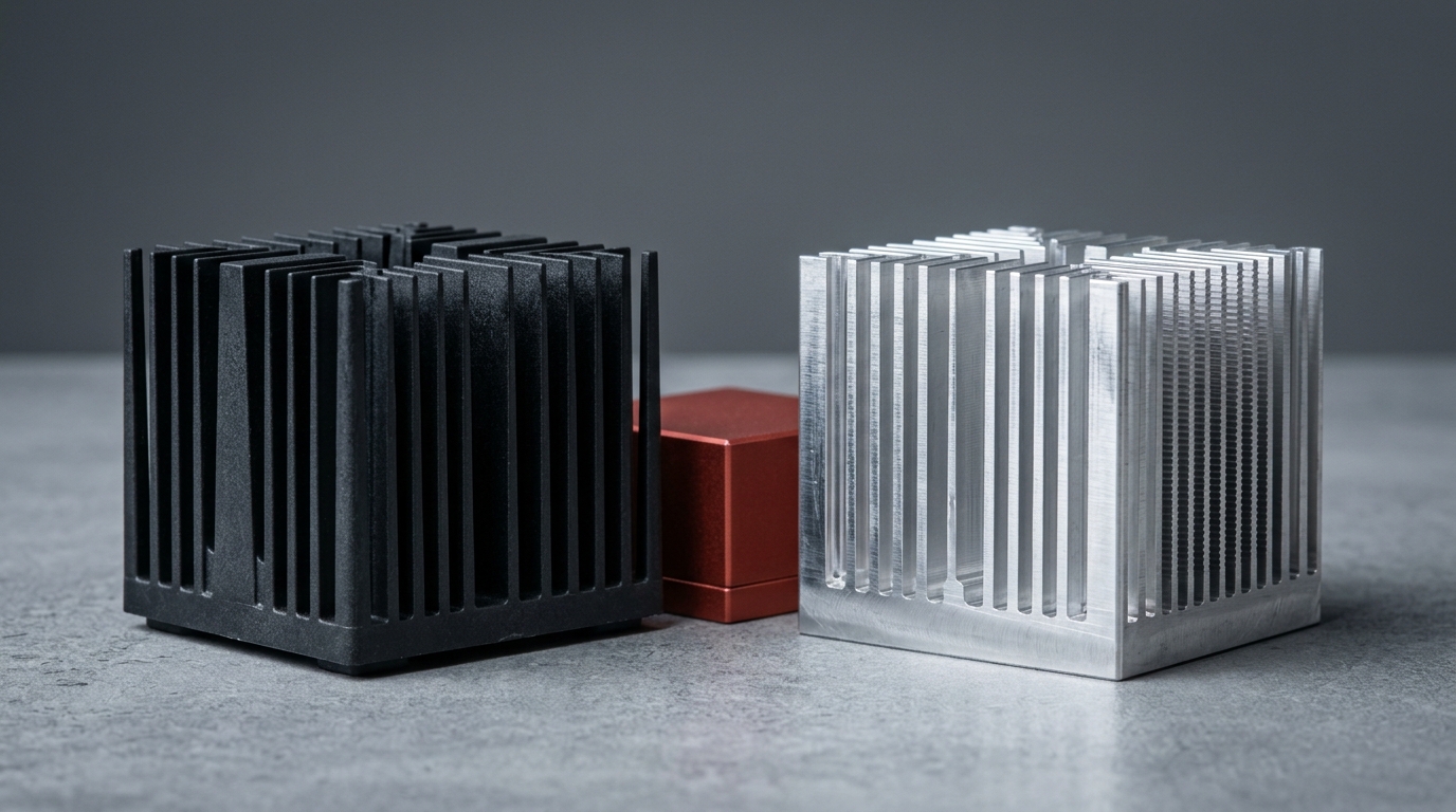 A black molded thermally conductive plastic heatsink next to a machined aluminum heatsink of the same footprint