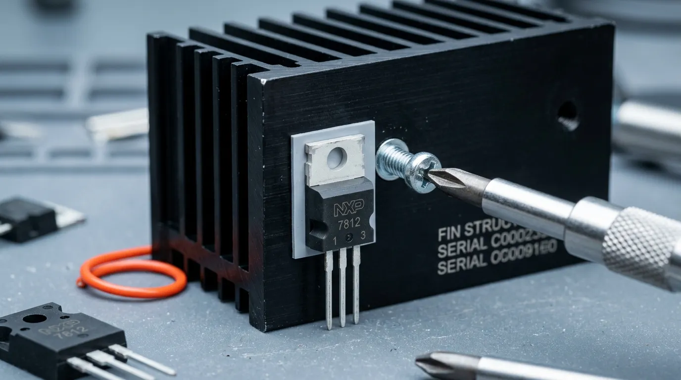 TO-220 package mounted to a heatsink with a sil-pad type insulator pad and mounting screw, showing the clamp torque and cut-through risk points
