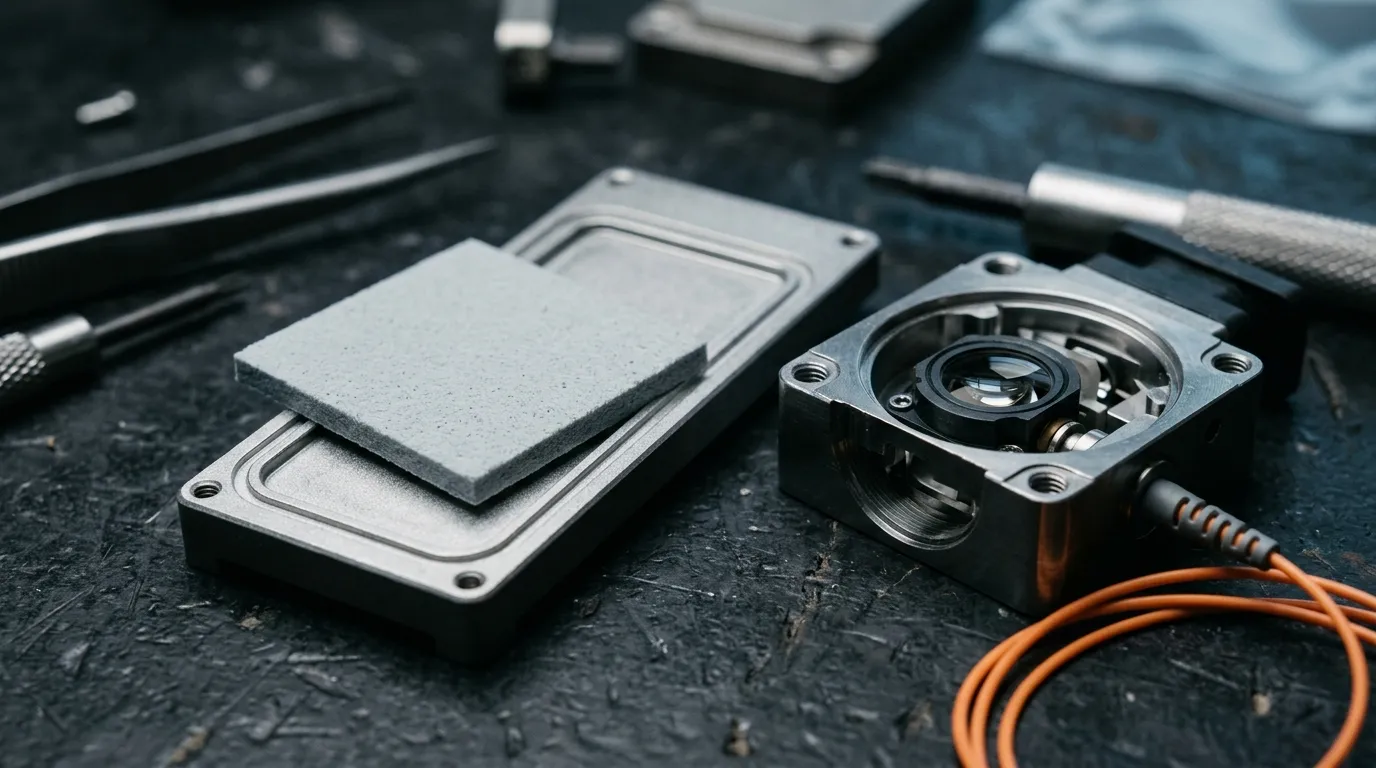 A die-cut light-grey non-silicone thermal pad resting on the open lid of a sealed optical module housing beside a metal optical cavity
