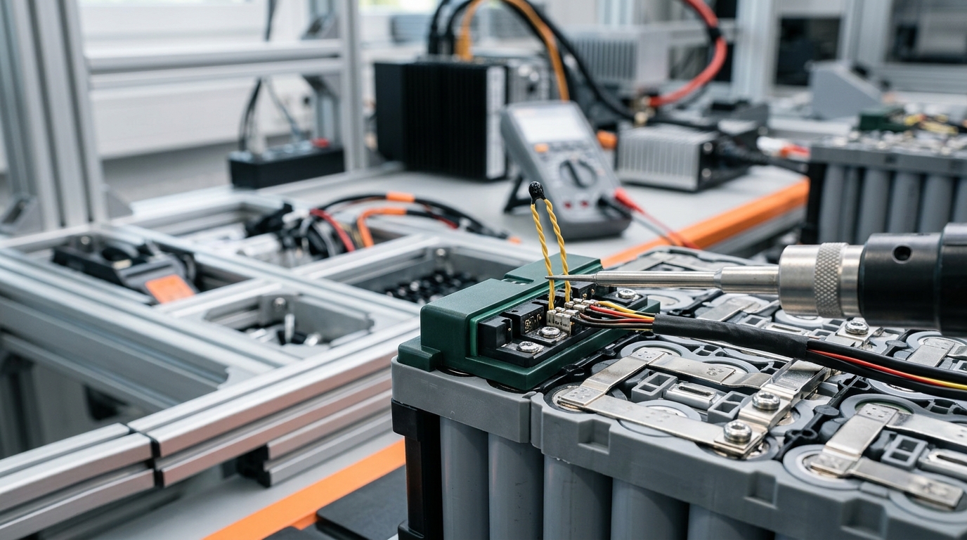 NTC thermistor sensor and wire leads integrated into a battery heating film connector assembly during module wiring