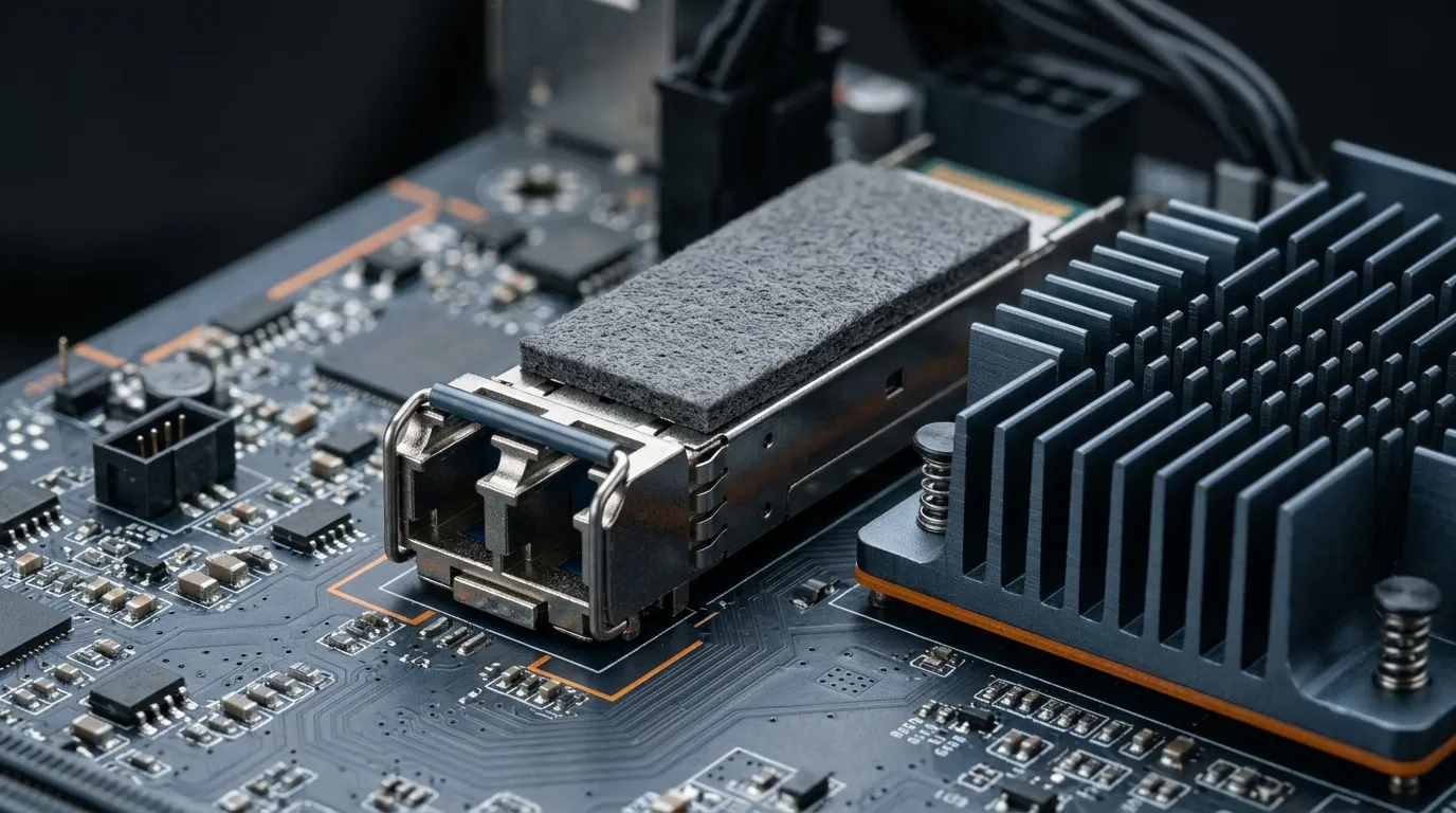 Optical transceiver module with a dark gray thermal conductive EMI absorbing pad seated between module and heat sink on a PCB