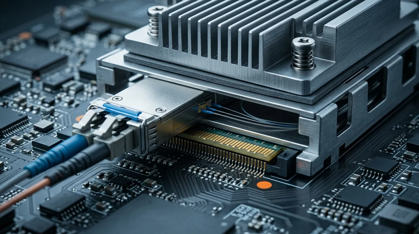 An 800G optical transceiver in a metal cage on a line card with a very thin dark thermal pad between the module lid and the heat sink