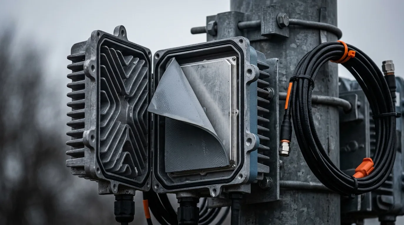 A 5G outdoor remote radio unit on a steel pole with cast aluminium heat-sink fins, a sealed housing and a thermal pad being fitted