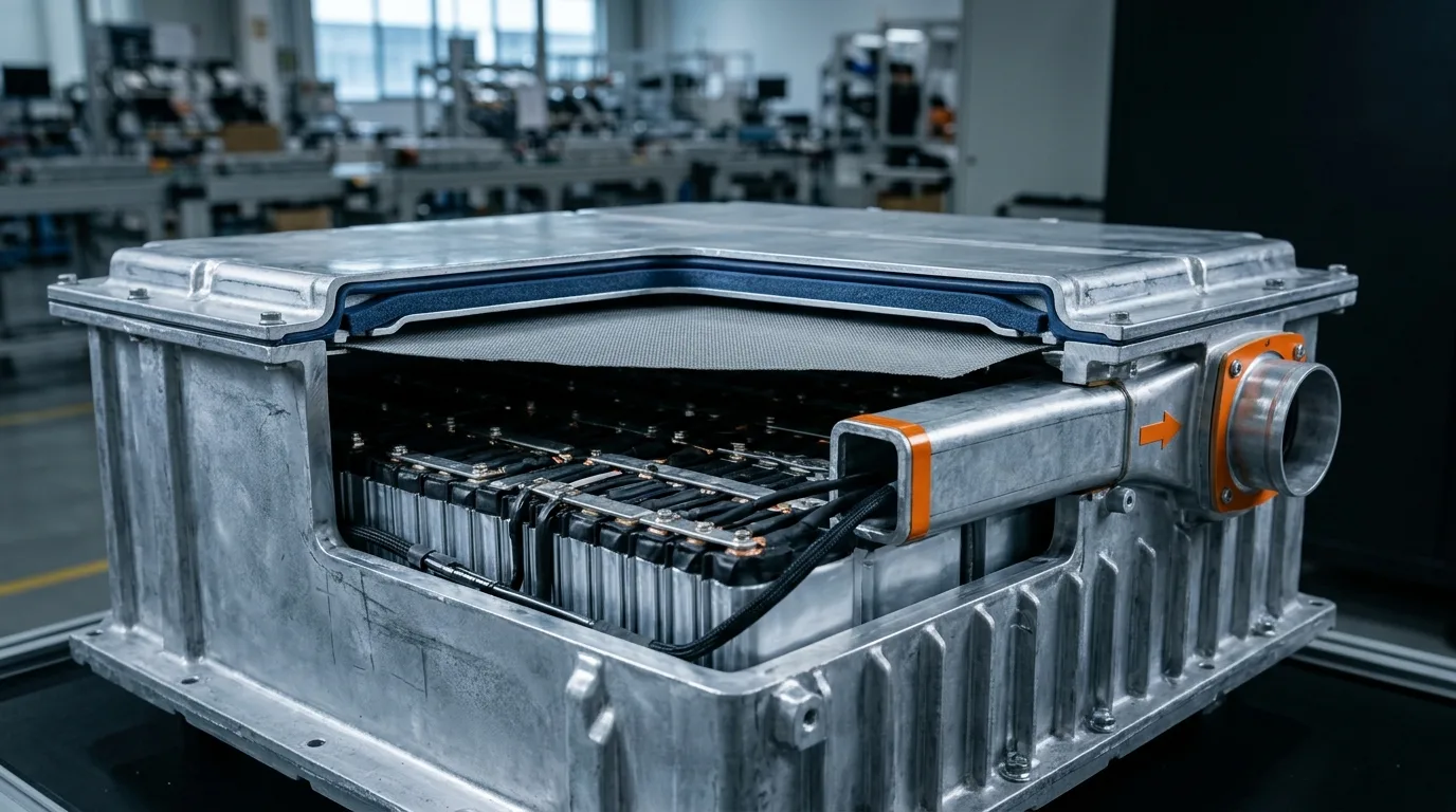 Battery pack enclosure cutaway showing barrier sheets at the module lid, a vent channel routing gas away from cells, and a foam gasket in the enclosure groove