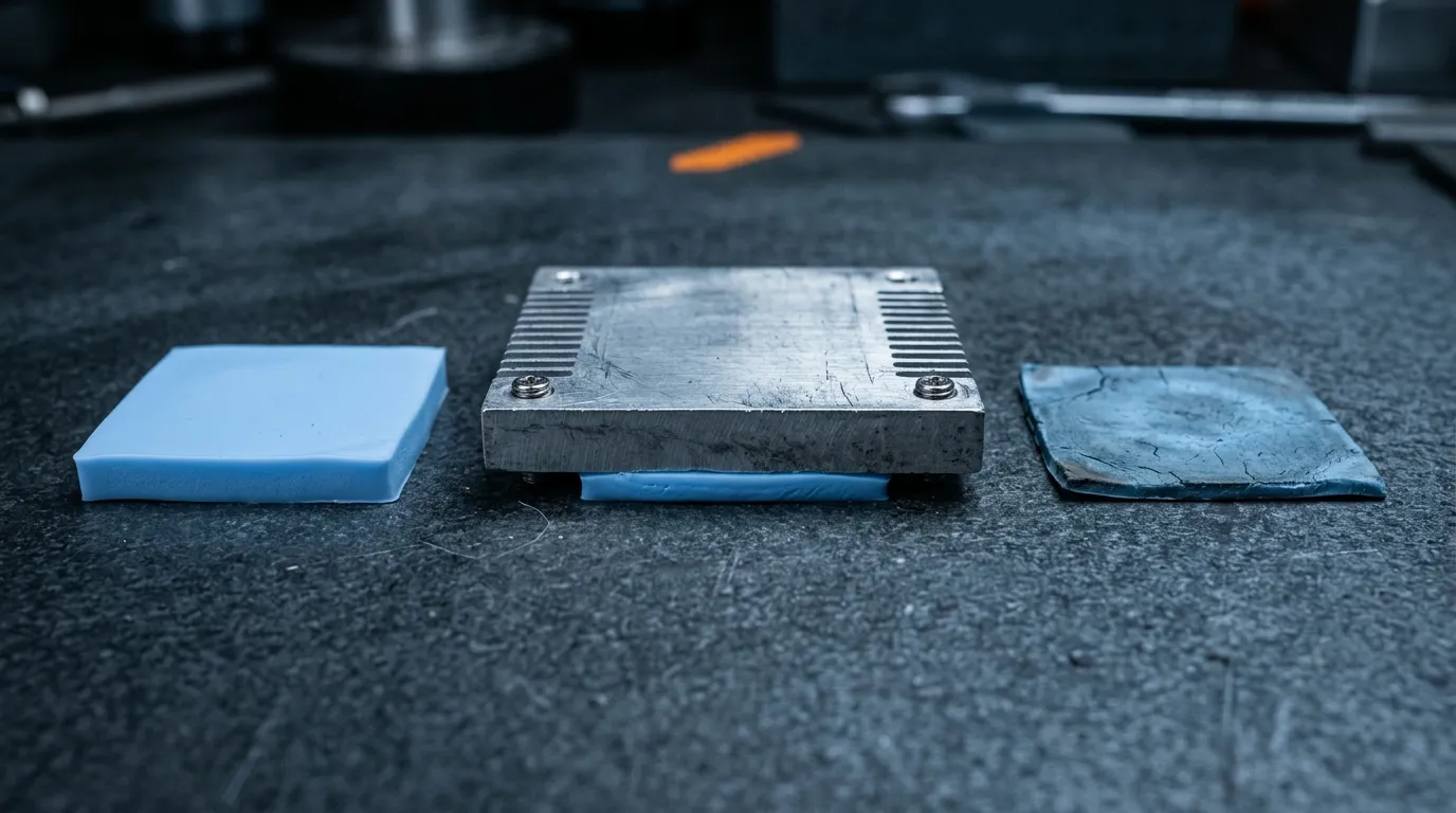 Thermal pad compression and rebound illustration: relaxed pad, compressed pad under heatsink pressure, and permanently deformed pad after years of use