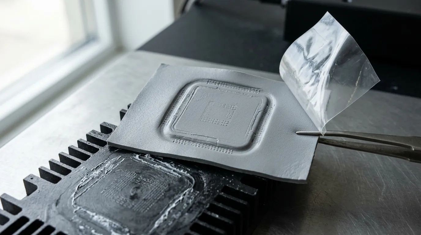 Macro view of a compressed grey thermal pad peeled from a heatsink, showing the component imprint left after years under load