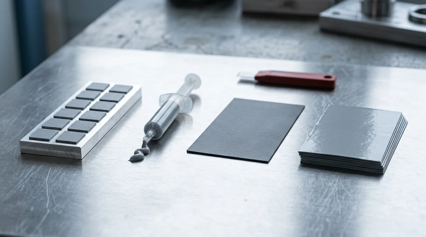 Groups of grey thermal materials on a brushed steel bench: die-cut square pads, a gel syringe, a dark carbon-fibre sheet and a stack of thin phase-change sheets