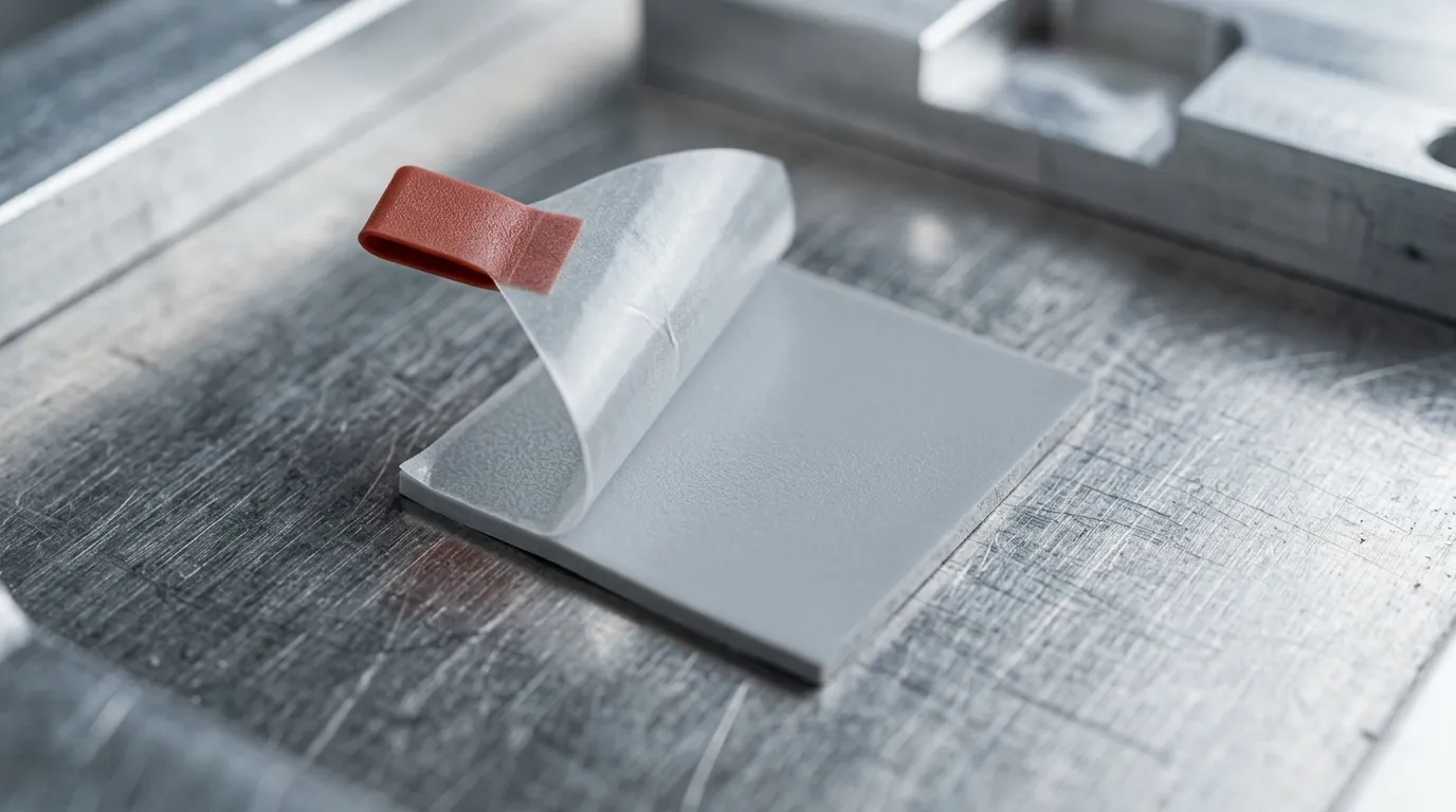 A grey die-cut thermal pad on a brushed steel bench with its translucent protective liner peeled back part way, held by a brick-red tab