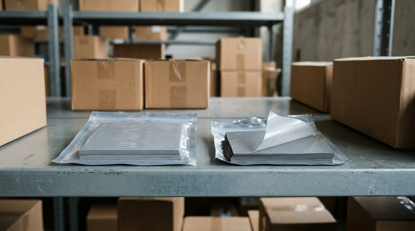 Flat grey thermal pad sheets in clear sealed bags on a steel bench, one bag opened with the liner lifting