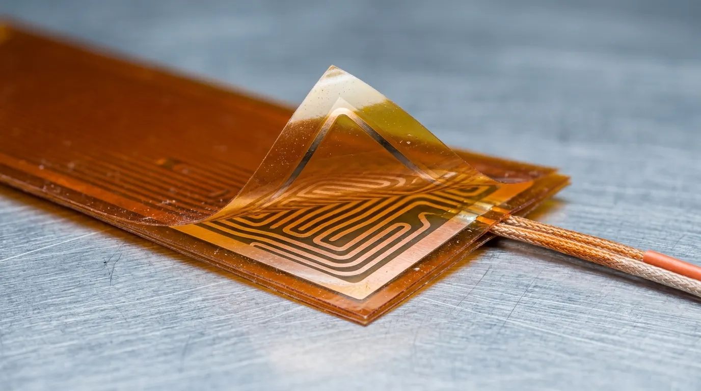 Macro photograph of a polyimide film heater corner with the top amber PI layer peeled back to reveal the flat etched metal-foil circuit inside