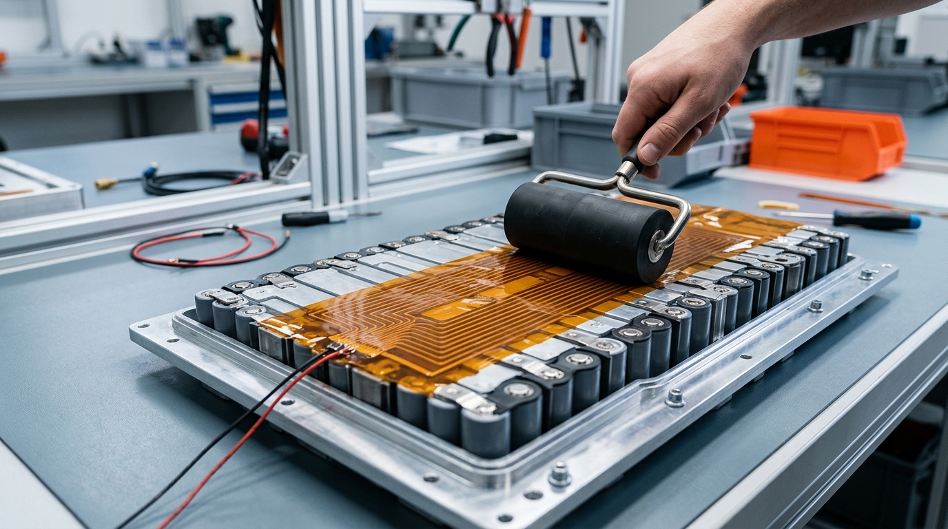 Ultra-thin polyimide heating film with printed resistive circuit being applied to a battery module base in a clean workshop
