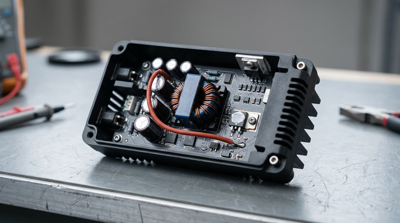 A power electronics board inside a molded thermally conductive plastic housing with fins, showing the combined heatsink and enclosure