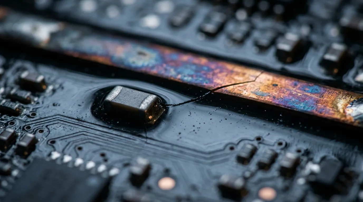 Illustration of a hairline crack in a potted circuit board after thermal cycling, running from a ceramic capacitor corner