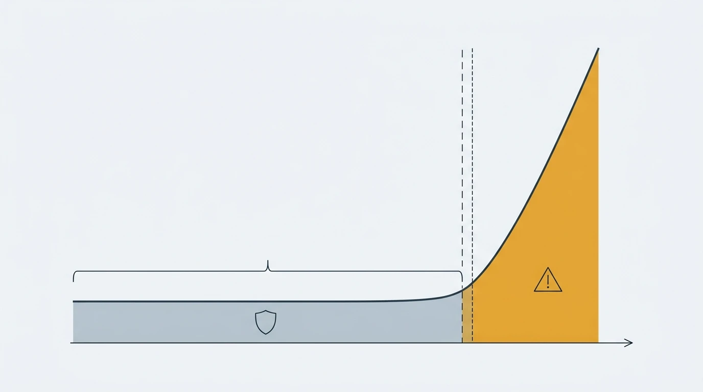Exposure threshold graph with a flat grey safe region under a bracket on the left and an amber rising region with a warning triangle above a dashed threshold line