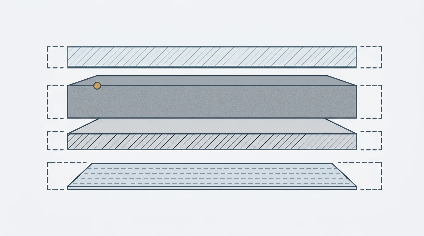 Exploded cross-section of a multi-layer thermal pad, each layer bracketed separately as its own homogeneous material