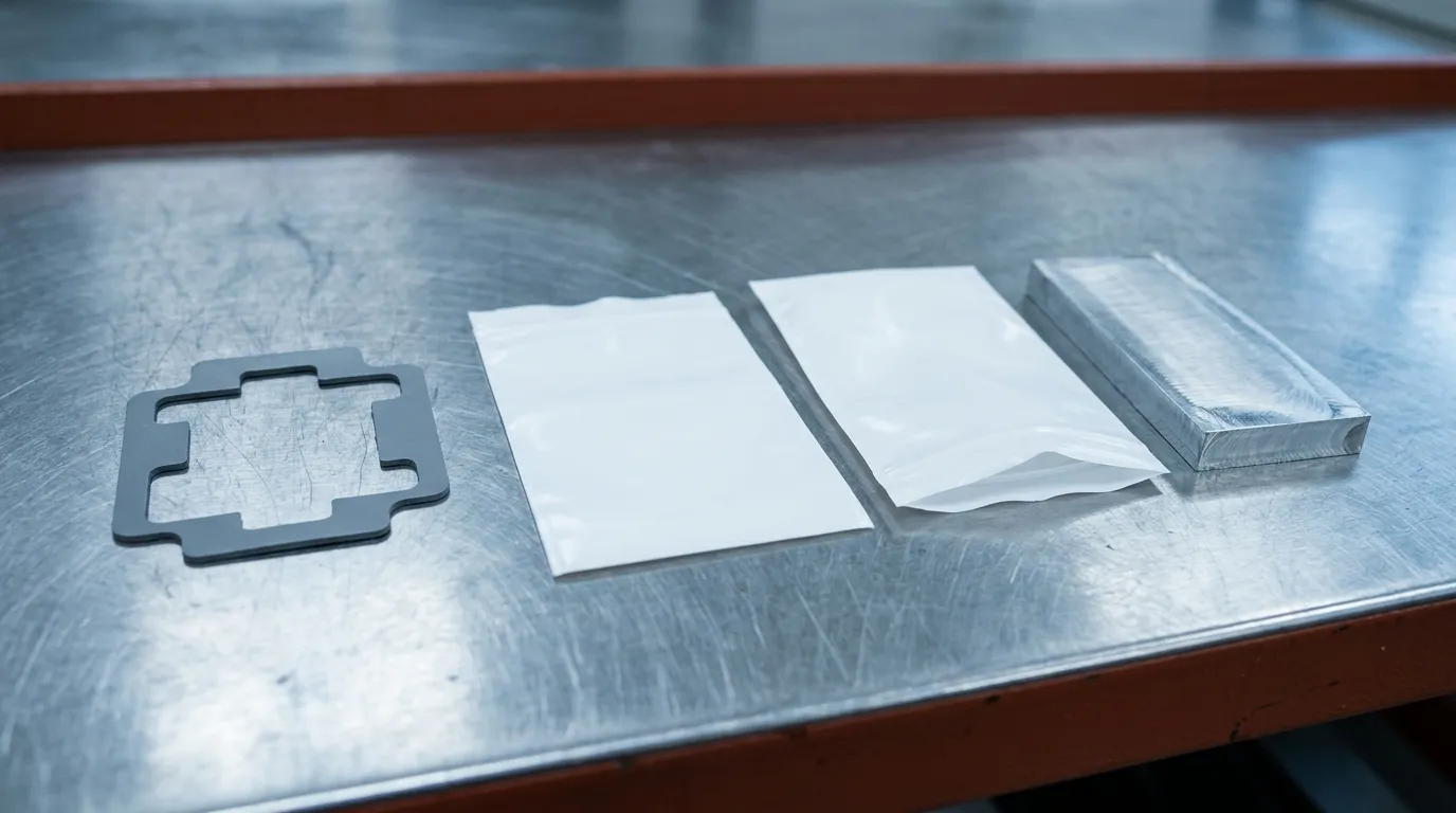 A die-cut grey thermal pad, two plain unmarked sample bags and a machined aluminium coupon laid out on a brushed steel bench