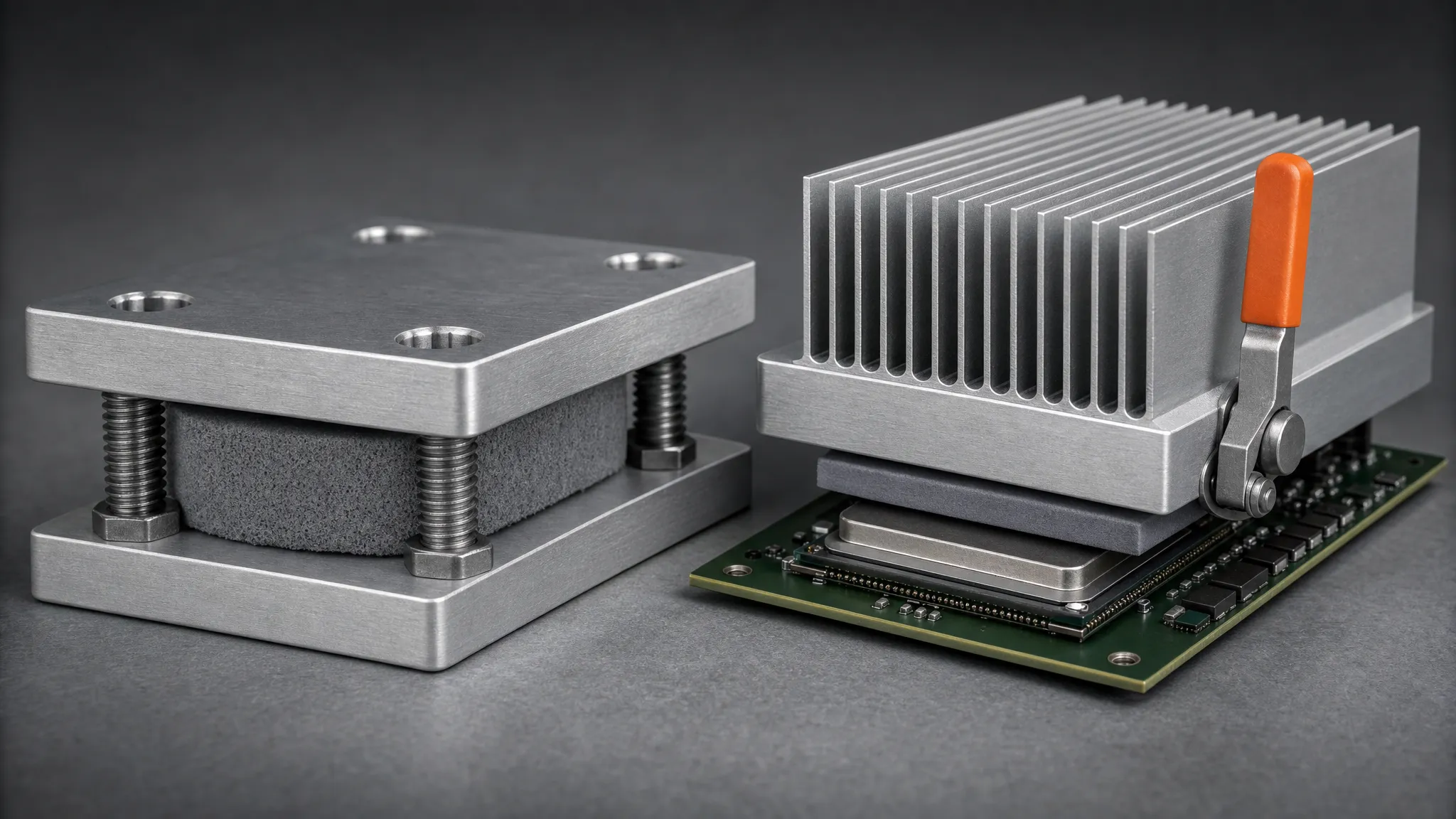 Photorealistic cutaway render of a compressed silicone foam gasket and a low-deflection thermal pad inside the same electronic assembly