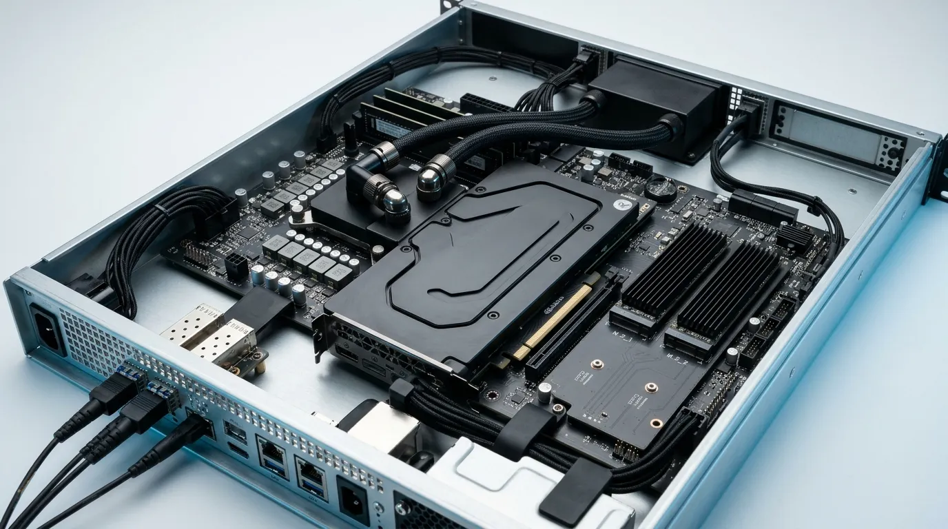 Server node interior with an accelerator cold plate, M.2 heatsinks, optical cages and VRM areas needing different pad grades