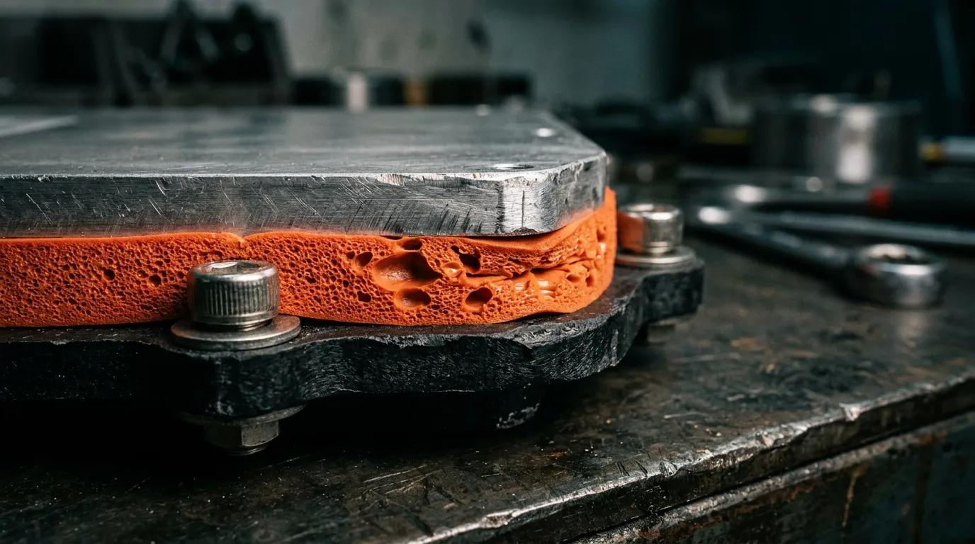 A molded orange silicone foam gasket compressed between a housing flange and an aluminum lid, the foam deforming under load