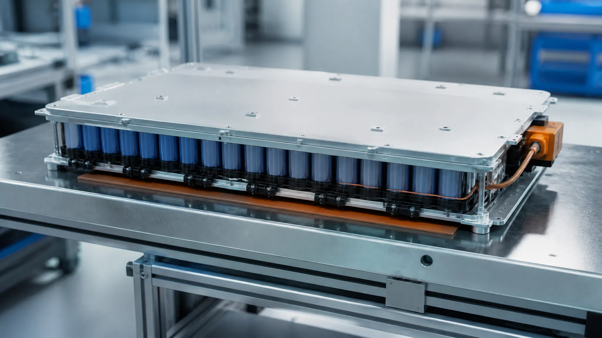 A flexible silicone heater pad bonded to the flat base plate of an electronic module on a workbench