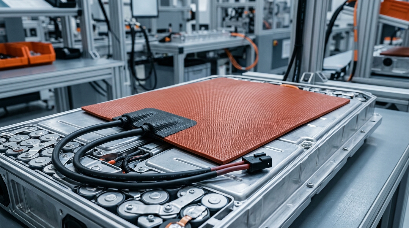 Fiberglass-reinforced silicone rubber heating pad with wire leads, thicker and more rugged than film