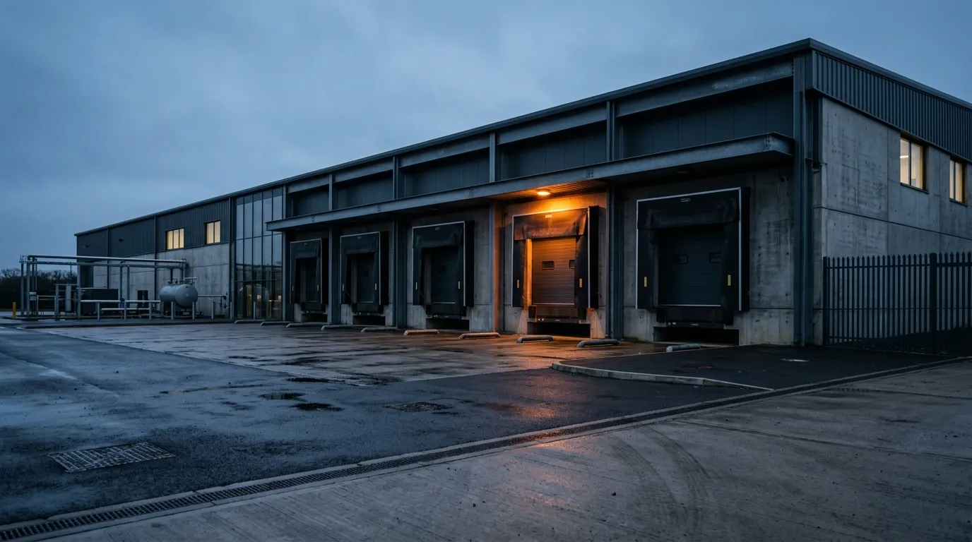 An industrial production building with closed loading bays at dusk, standing for the single manufacturing site an IATF certificate covers
