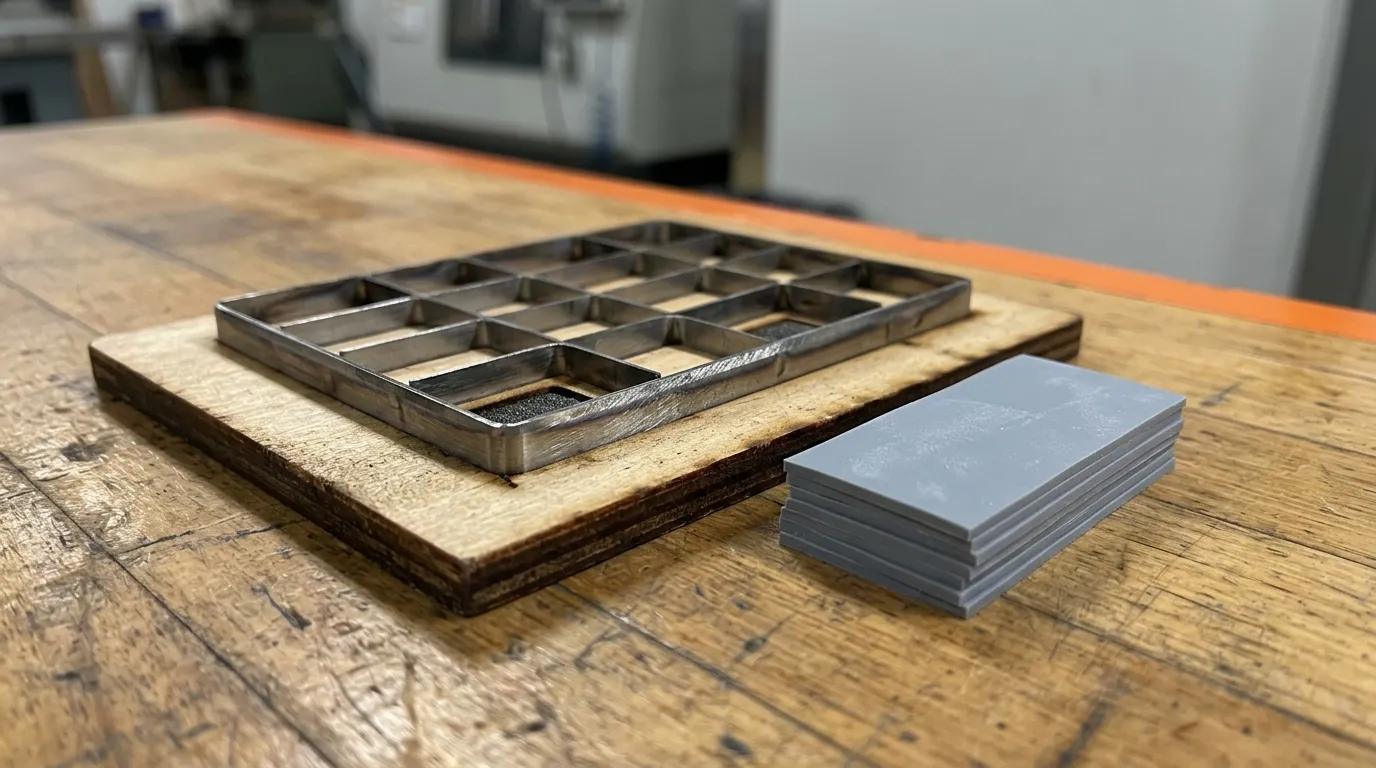 Photorealistic industrial photograph of a steel rule die resting beside a stack of freshly cut silicone thermal pads on a workshop bench