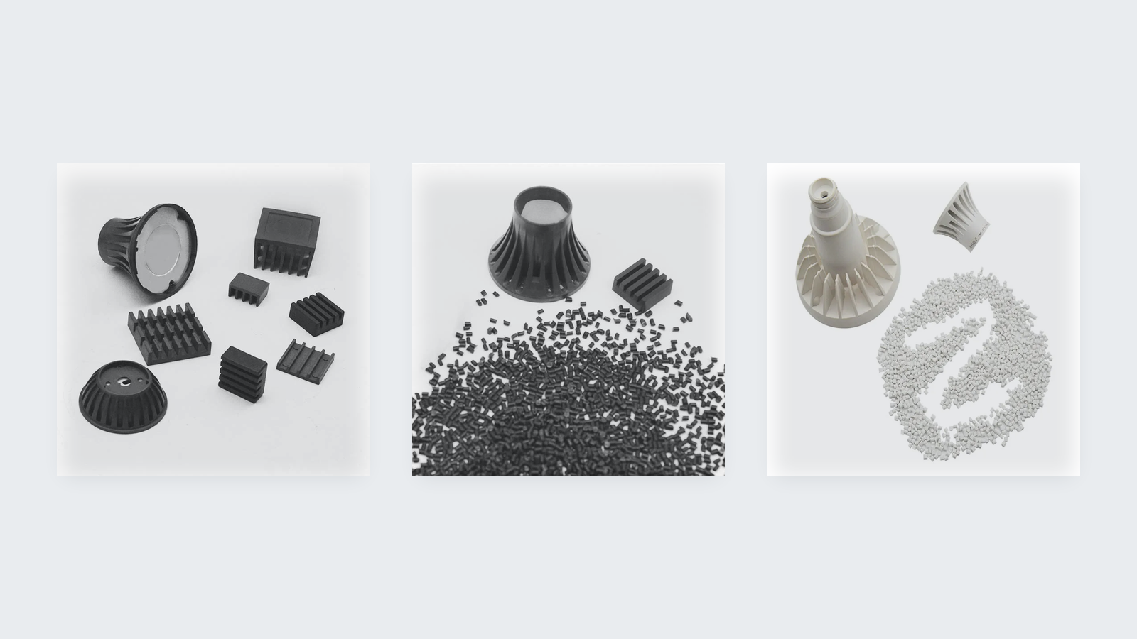Molded thermally conductive plastic heatsink parts, an LED lamp housing and pellet feedstock made by the supplier