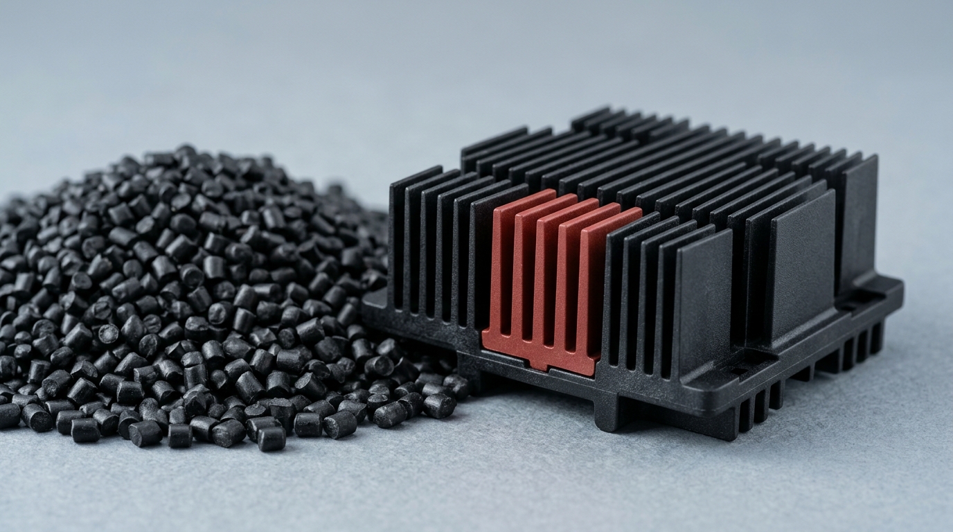 Black thermally conductive plastic pellets beside a molded finned heatsink part made from the same compound